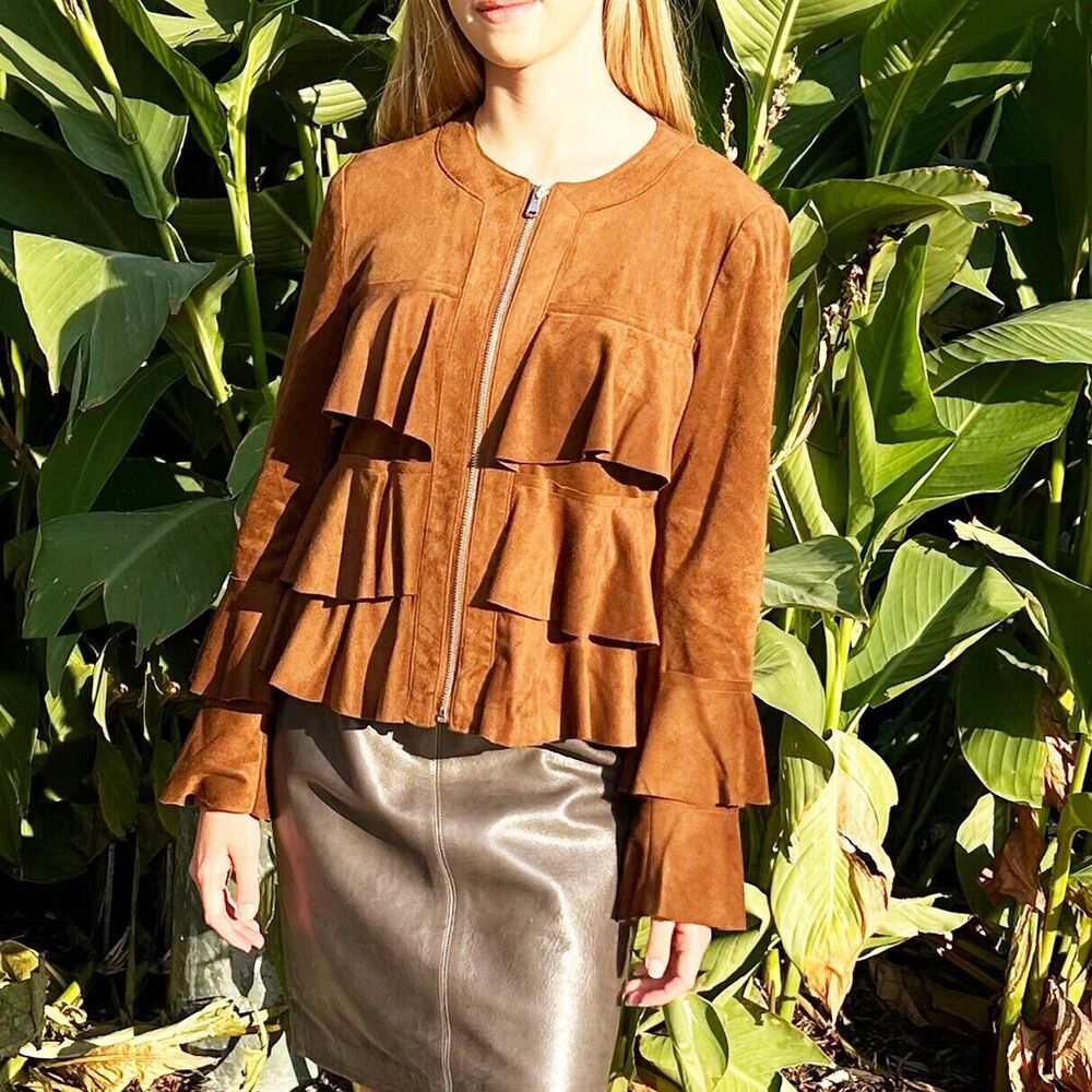 Ruffled Jacket Zip Front Brown Women's Petite Small INC International Concepts